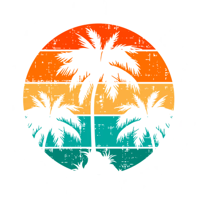 Hình ảnh thiết kế retro bãi biển Venice California với hàng cọ đen và nền hoàng hôn sọc cam, vàng, xanh ngọc. Chữ trắng bao quanh.
