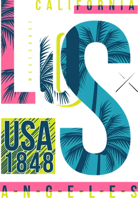 Thiết kế đồ họa chữ Los Angeles California với hình ảnh cây cọ, phong cách mùa hè, có chữ USA 1848.