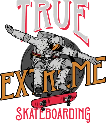 Hình vẽ phi hành gia đang trượt ván với dòng chữ True Extreme Skateboarding phong cách retro