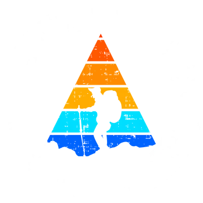 Hình ảnh đồ họa phong cách vintage với silhouette người leo núi, nền sọc màu và chữ 'LIVE GO WHERE YOU FEEL MOST ALIVE' vòng quanh.