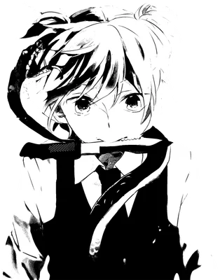Hình vẽ anime đen trắng một chàng trai trẻ với mái tóc vàng, mắt to tròn, và một con rắn quấn quanh cổ áo sơ mi và vest.