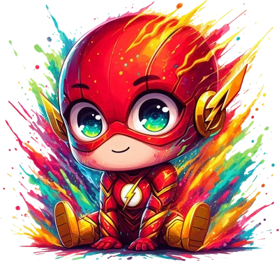 Hình ảnh Flash chibi đáng yêu với bộ đồ đỏ và biểu tượng tia chớp, xung quanh là những vệt màu nước cầu vồng rực rỡ.