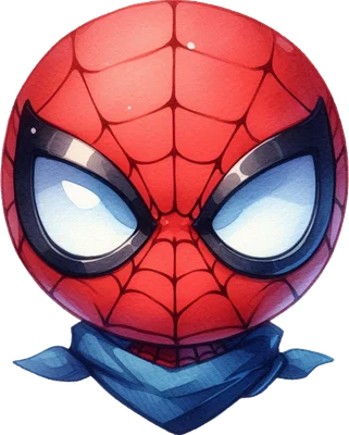 Hình ảnh đầu Spider-Man phong cách chibi dễ thương, đội khăn rằn màu xanh dương, với họa tiết mạng nhện đỏ và đôi mắt trắng lớn.