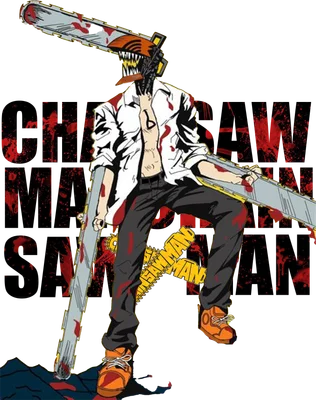 Nhân vật Chainsaw Man Denji với đầu cưa máy, áo sơ mi trắng, quần đen và giày cam, cầm hai cưa máy.