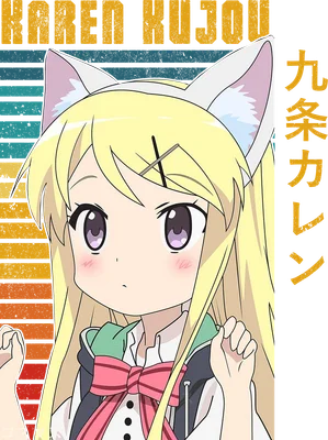 Hình ảnh cô gái anime tóc vàng tai mèo, mắt tím, má hồng, mặc áo khoác, đeo nơ hồng.