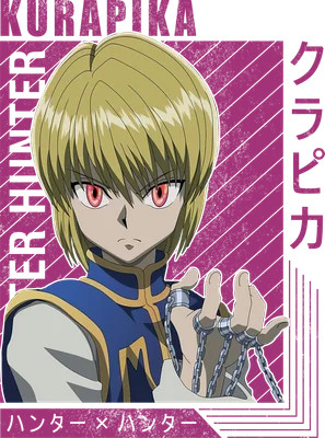 Hình ảnh Kurapika từ anime Hunter x Hunter với mái tóc vàng, mắt đỏ, mặc trang phục xanh dương và cầm sợi xích.