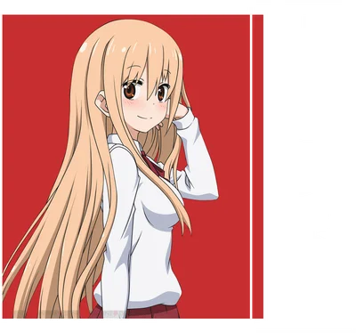 Hình ảnh cô gái anime tóc vàng dài, mặc áo sơ mi trắng, cổ áo đỏ, cười dịu dàng, tay chạm tóc.
