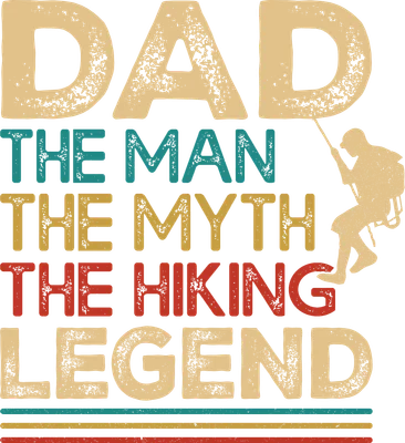 Thiết kế chữ Dad The Man The Myth The Hiking Legend với hình người leo núi, phong cách vintage, màu sắc cổ điển.