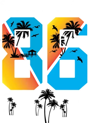 Thiết kế số 86 với họa tiết cây dừa, chim hải âu và phong cảnh bãi biển hoàng hôn California