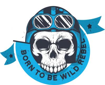 Hình minh họa đầu lâu đội mũ bảo hiểm và kính phi công màu xanh, với chữ 'HELLRAISER', 'BORN TO BE WILD', 'REBEL' trên nền xám.