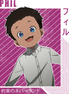 Hình ảnh nhân vật hoạt hình Phil trong The Promised Neverland, mặc áo sơ mi trắng, cười tươi.