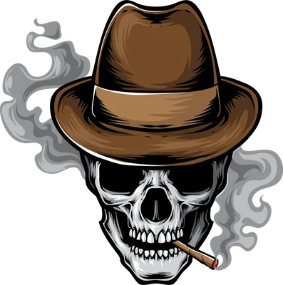 Hình minh họa đầu lâu đội mũ fedora nâu ngậm điếu thuốc phong cách gangster