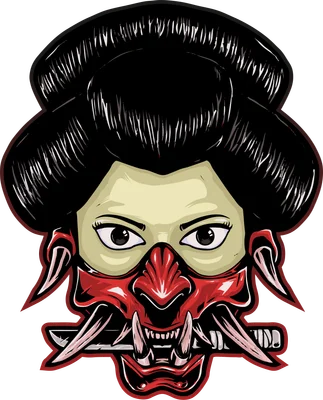 Hình minh họa Geisha Nhật Bản với mặt nạ quỷ Oni đỏ ngậm thanh kiếm katana, phong cách vẽ vector mạnh mẽ