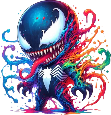 Hình ảnh Venom phiên bản chibi với màu sắc cầu vồng rực rỡ, biểu cảm dữ tợn nhưng đáng yêu, có logo nhện trắng trên ngực.