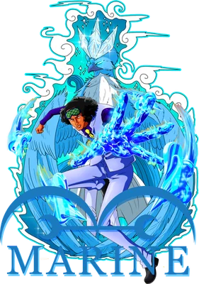 Hình ảnh nhân vật Aokiji (Kuzan) trong One Piece với sức mạnh băng giá, bao quanh bởi chim băng và biểu tượng Marine.