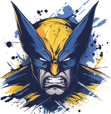 Hình ảnh cận mặt Wolverine Người Sói với biểu cảm giận dữ, răng nanh sắc nhọn, màu xanh vàng, hiệu ứng splatter art.