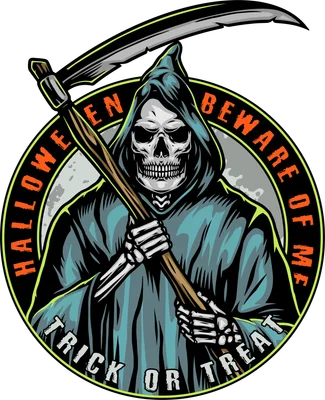 Hình ảnh tử thần mặc áo choàng cầm lưỡi hái trong vòng tròn biểu tượng Halloween