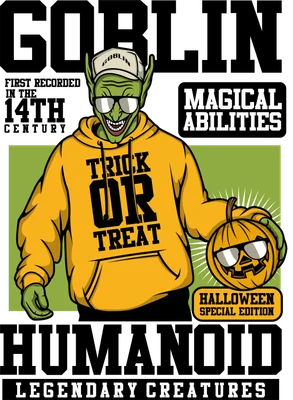 Hình minh họa yêu tinh Goblin đeo kính râm cầm bí ngô Halloween phong cách hoạt hình