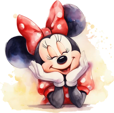 Hình ảnh Minnie Mouse hoạt hình phong cách màu nước, đang cười hạnh phúc với đôi mắt nhắm nghiền và tay ôm mặt.