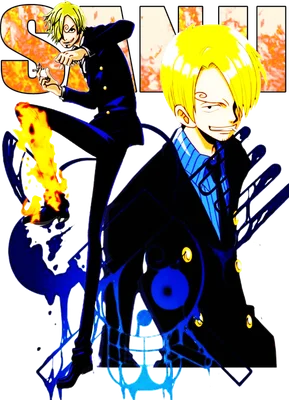 Hình ảnh Sanji Vinsmoke từ One Piece với ngọn lửa bùng cháy ở chân, mặc vest đen, tóc vàng.
