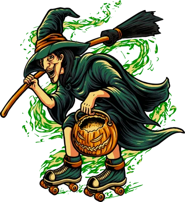 Hình ảnh minh họa phù thủy cầm chổi và giỏ bí ngô đang trượt patin phong cách hoạt hình Halloween