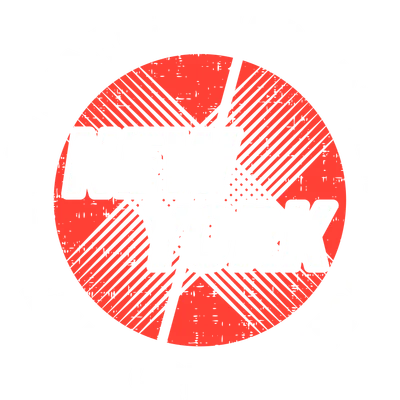 Thiết kế chữ New York màu trắng phong cách grunge trên nền hình tròn đỏ và chữ bao quanh