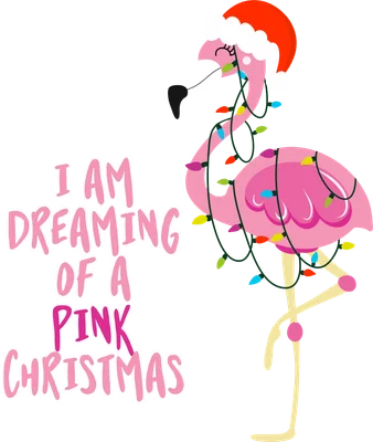 Hình ảnh hồng hạc màu hồng đội mũ ông già Noel, quấn dây đèn Giáng Sinh, với dòng chữ 'I AM DREAMING OF A PINK CHRISTMAS'