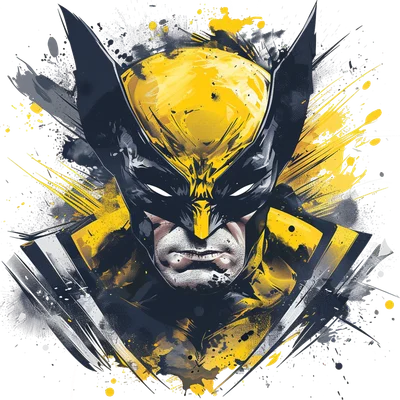Hình ảnh Wolverine, nhân vật siêu anh hùng Marvel, với phong cách splash art màu vàng và đen mạnh mẽ trên nền xám.