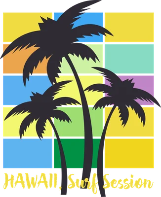Hình ảnh cây dừa silhouette với nền là các ô vuông màu sắc rực rỡ, có chữ 'HAWAII, Surf Session' ở dưới.