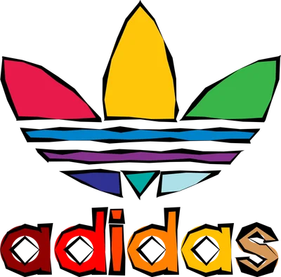 Logo Adidas Trefoil với các lá màu đỏ, vàng, xanh lá cây và các sọc màu, cùng chữ Adidas bên dưới.