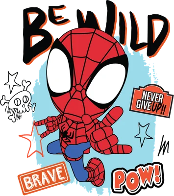 Hình ảnh Spider-Man chibi dễ thương với dòng chữ "Be Wild", "Never Give Up!!", "Brave", "POW!"