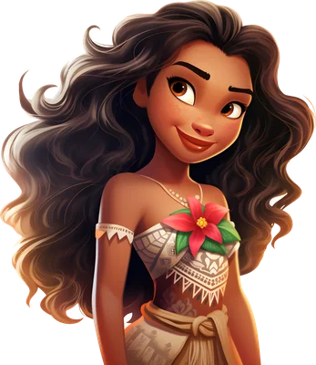 Hình ảnh nhân vật hoạt hình Moana với mái tóc dài, trang phục thổ dân và bông hoa đỏ, đang mỉm cười rạng rỡ.