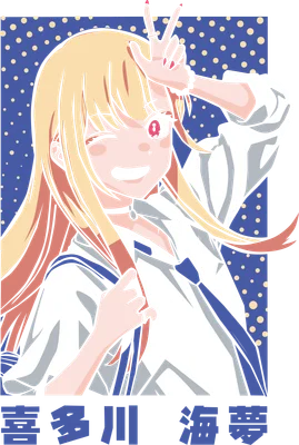 Hình ảnh Marin Kitagawa, nhân vật anime tóc vàng, mắt đỏ, đang vẫy tay và nháy mắt, mặc áo sơ mi trắng.