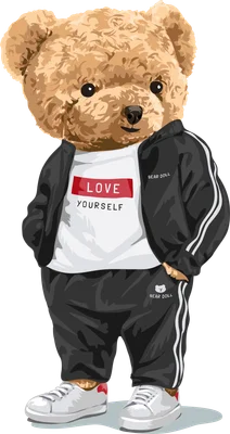 Hình ảnh gấu bông hoạt hình màu nâu mặc bộ đồ thể thao đen trắng và áo phông 'LOVE YOURSELF'