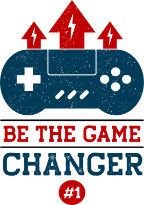 Hình minh họa tay cầm chơi game màu xanh đậm với ba mũi tên đỏ hướng lên và dòng chữ 'BE THE GAME CHANGER #1' trên nền xám.