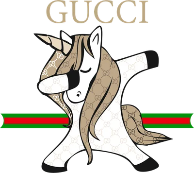 Hình ảnh kỳ lân đang thực hiện động tác dab, phủ họa tiết logo Gucci và sọc xanh đỏ đặc trưng.