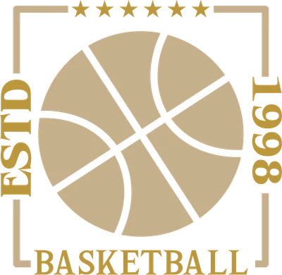 Logo bóng rổ Estd 1998 với các ngôi sao và chữ Basketball, phong cách cổ điển.