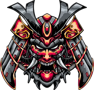 Hình ảnh mặt nạ Samurai phong cách Cyberpunk với tông màu đỏ đen chủ đạo, chi tiết máy móc và biểu cảm dữ tợn.