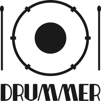 Hình ảnh biểu tượng trống tròn với hai dùi trống hai bên, kèm chữ DRUMMER.