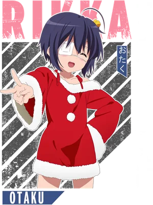 Hình ảnh cô gái anime mặc trang phục ông già Noel, đeo băng bịt mắt, giơ ngón tay chữ V, phong cách dễ thương.