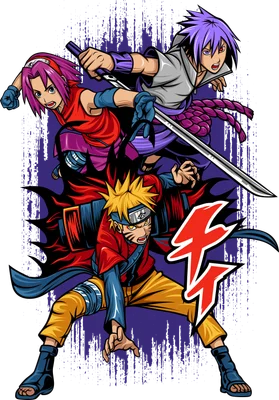 Hình ảnh ba nhân vật Naruto, Sakura và Sasuke trong tư thế chiến đấu, cầm kiếm, với hiệu ứng màu đỏ trên nền tím.