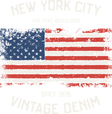 Hình ảnh cờ Mỹ phong cách vintage với dòng chữ New York City, The Five Boroughs, Since 1976, Vintage Denim.