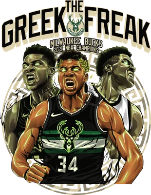 Hình ảnh minh họa Giannis Antetokounmpo "The Greek Freak" của Milwaukee Bucks, với ba phiên bản khác nhau của anh ấy, thể hiện sự mạnh mẽ và quyết tâm.