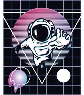 Hình ảnh phi hành gia phong cách retro bay lượn, với nền lưới neon và các hình tròn trừu tượng.