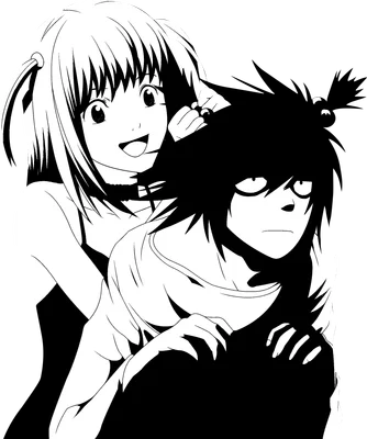 Hai nhân vật anime, một nữ tóc hai bím cười tươi, một nam tóc rối ôm từ phía sau, phong cách đen trắng.