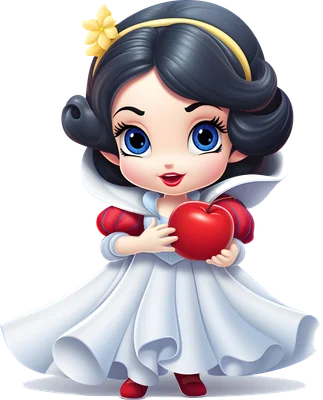 Hình ảnh Bạch Tuyết phiên bản chibi dễ thương với mái tóc đen, mắt xanh to tròn, váy trắng và áo đỏ, đang ôm một quả táo đỏ.
