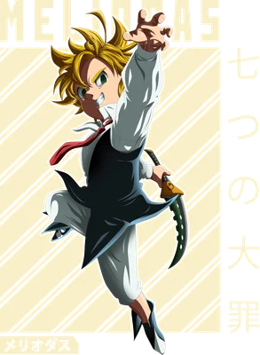 Nhân vật anime Meliodas với mái tóc vàng, mặc áo sơ mi trắng, vest đen, cà vạt đỏ, cầm kiếm, tư thế chiến đấu.