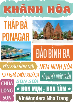 Hình ảnh tổng hợp các địa danh và đặc sản nổi tiếng của Khánh Hòa Việt Nam như Tháp Bà Ponagar, Đảo Bình Ba, Yến Sào Hòn Nội.