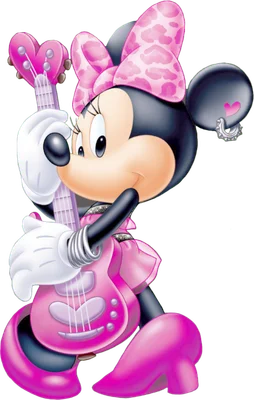 Minnie Mouse hoạt hình mặc váy hồng, đeo nơ hồng họa tiết da báo, đang chơi đàn guitar màu hồng hình trái tim.