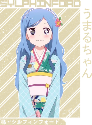 Hình ảnh cô gái anime tóc xanh dài, mắt to tròn, mặc kimono họa tiết hoa lá, đeo hoa trên tóc.